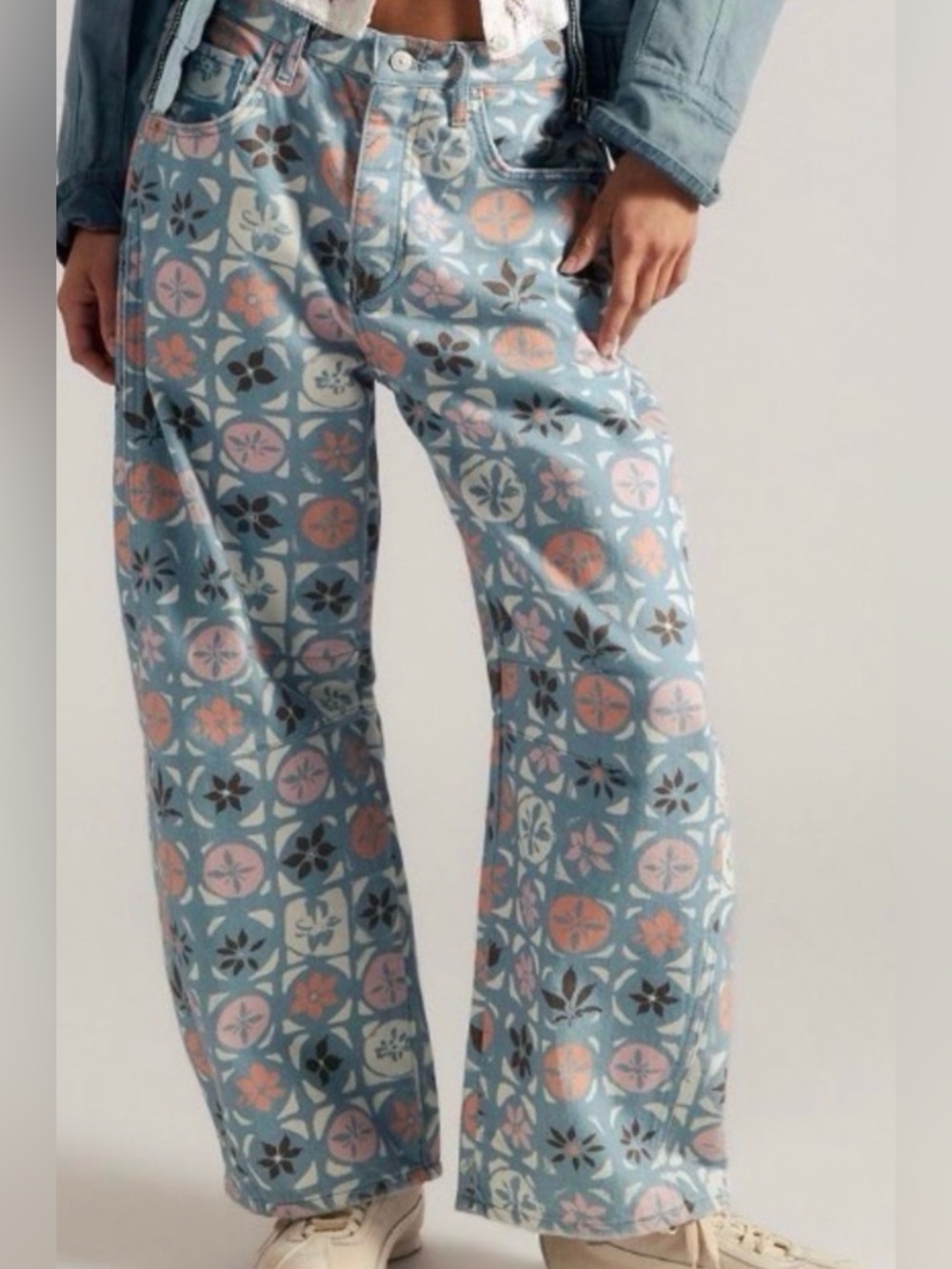 Free People We The Free Good Luck Printed Barrel Jeans. NWT. Jade combo - Picture 3 of 3